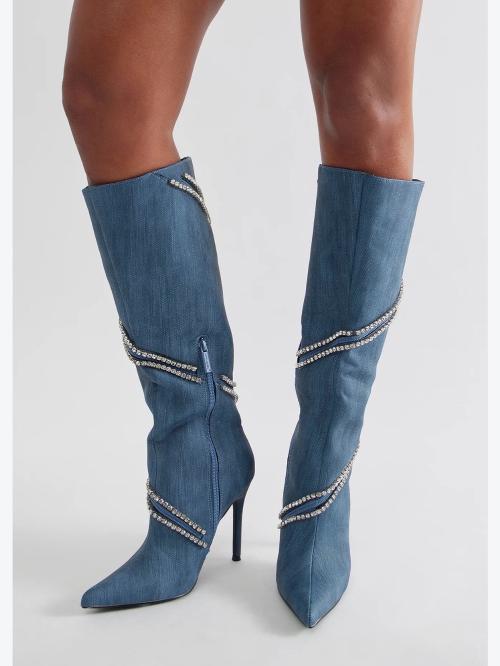 Fashion Nova Denim Blue Rhinestone-Trim Knee Boots